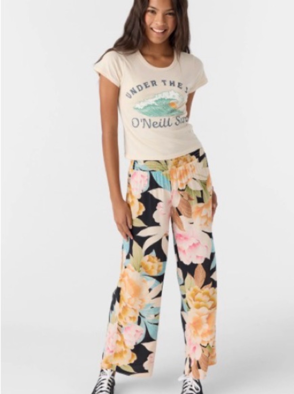O'Neill Black Floral Wide-Leg Pants with Peach & Green Blooms